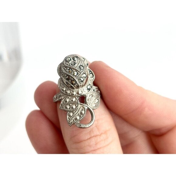 Rosebud Art Deco Clark & Coombs Marcasite Straight Shank Vintage Ring - sz 6 - Picture 4 of 10